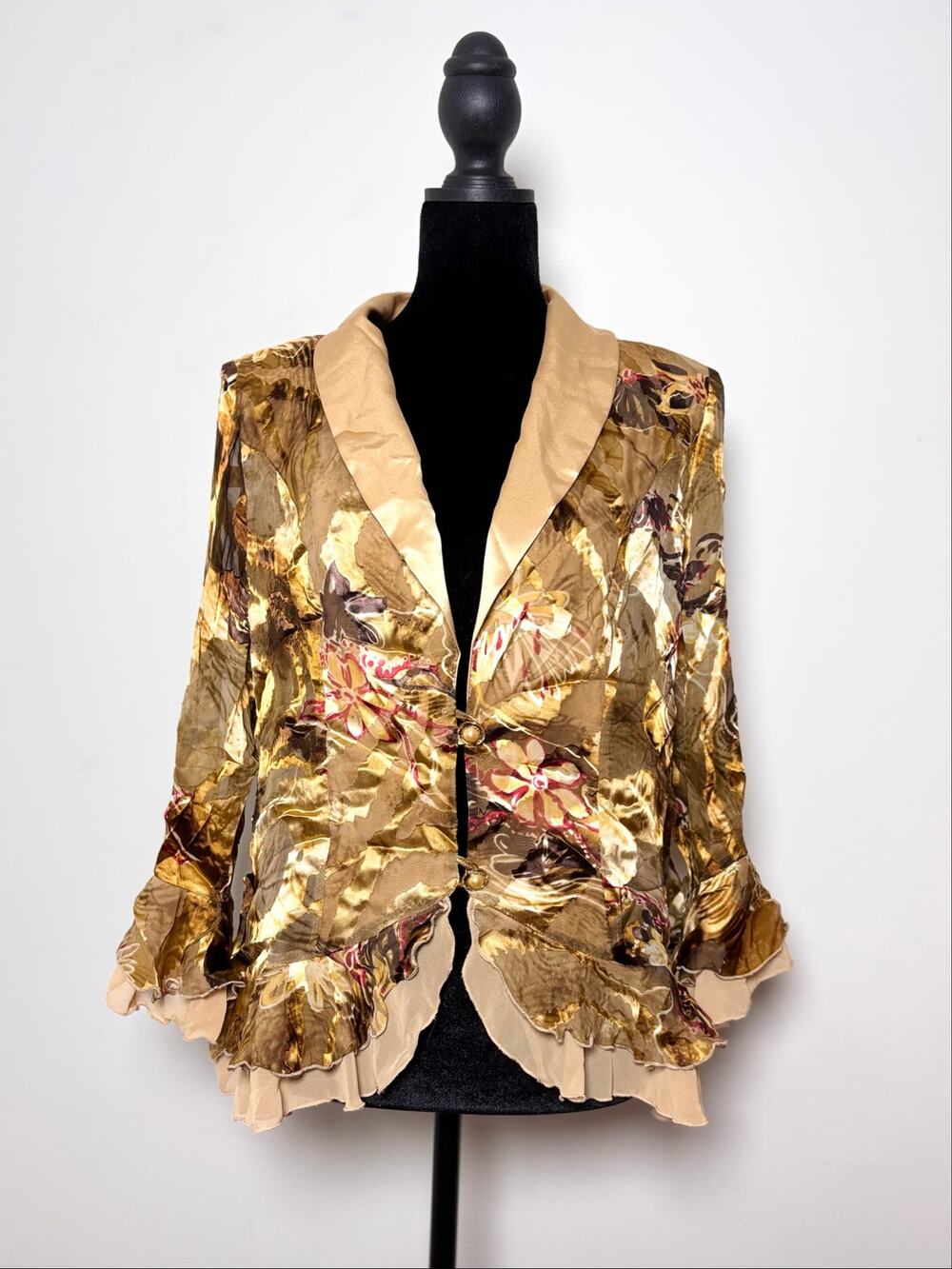 Vtg Y2K DF Farmakis Gold Devore Velvet Blazer Pearl Buttons Greek Eveningwear